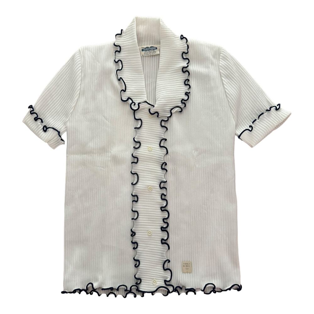 NWT Vintage Miss Scotch English white & Navy ribbed top ruffled size small